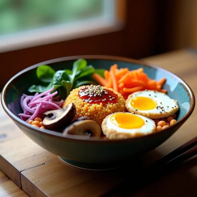 Bibimbap Coreano de Coliflor y Setas: Receta en Bowl con Gochujang y Huevos de Chía