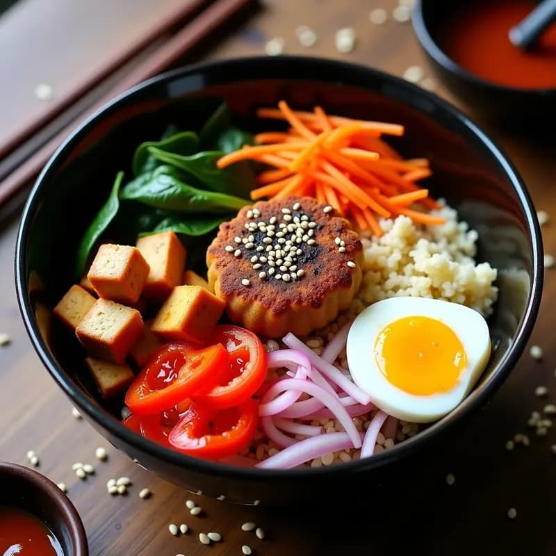 Bibimbap de Coliflor y Tofu Ahumado con Salsa Gochujang: Versión Low-Carb de Corea