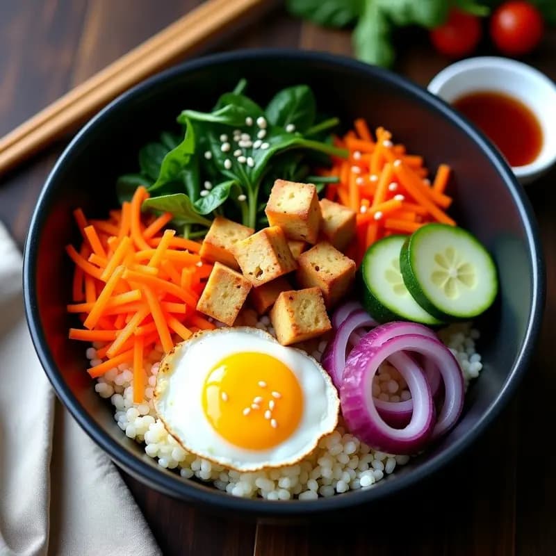 Bibimbap de Coliflor y Tofu: Versión Coreana Keto en Bowl Crujiente