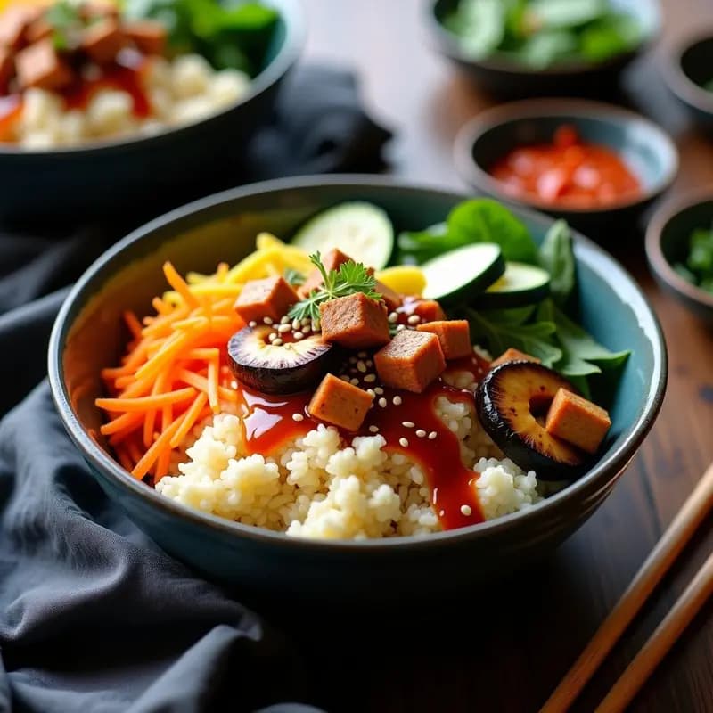 Bibimbap de Coliflor con Tofu y Vegetales: Receta Coreana Vegana y Sin Carbohidratos
