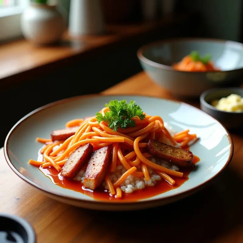 Bibimbap Coreano con Carnes Variadas y Gochujang: Receta Colorida en Bowl