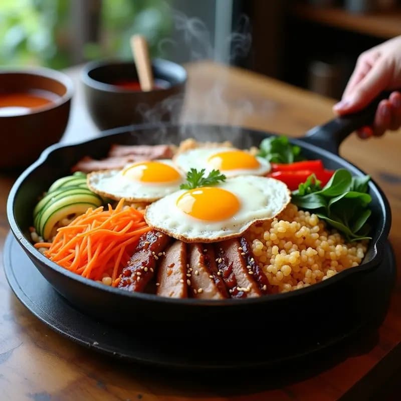 Bibimbap Coreano con Carnes Variadas y Vegetales Frescos: Receta en Sartén de Hierro