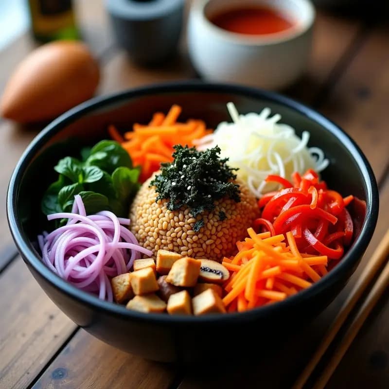 Bibimbap Coreano con Gochujang y Vegetales Frescos: Bowl Vibrante y Vegano