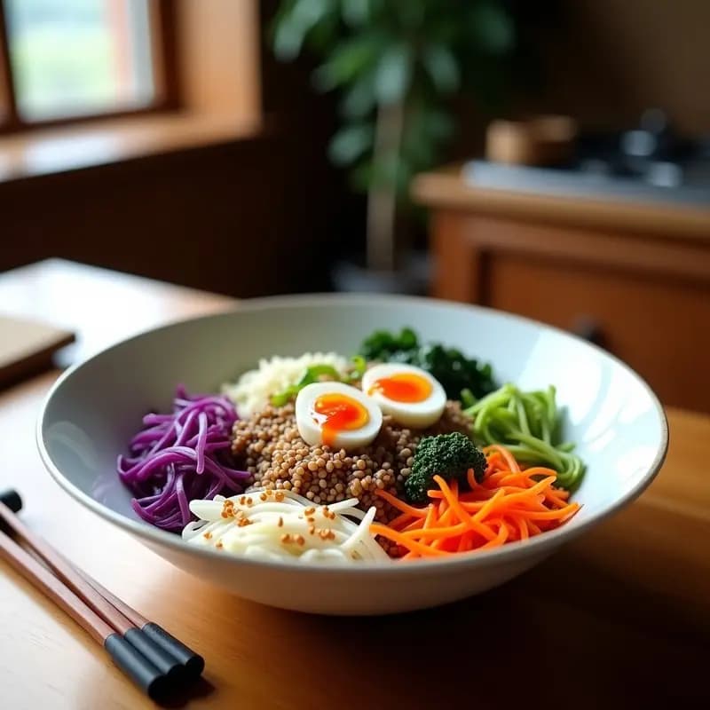 Bibimbap Coreano con Quinoa y Vegetales Encurtidos: Plato Equilibrado y Colorido