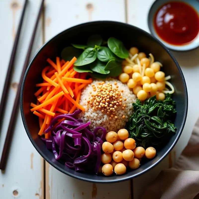 Bibimbap de Garbanzos Tostados y Kimchi de Col Morada: Receta Coreana Vegana en Bowl