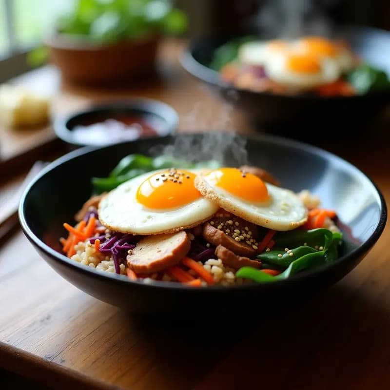 Bibimbap Coreano con Kimchi de Col Morada: Receta en Olla Exprés con Huevo Poché