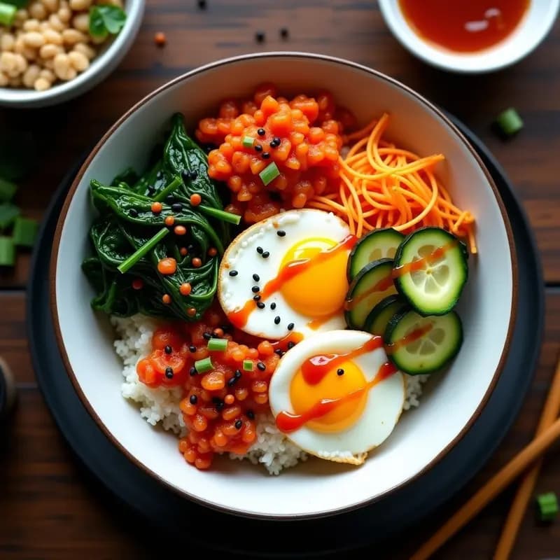 Bibimbap Coreano con Kimchi y Huevos Fritos: Receta Coreana Vegana en Bowl