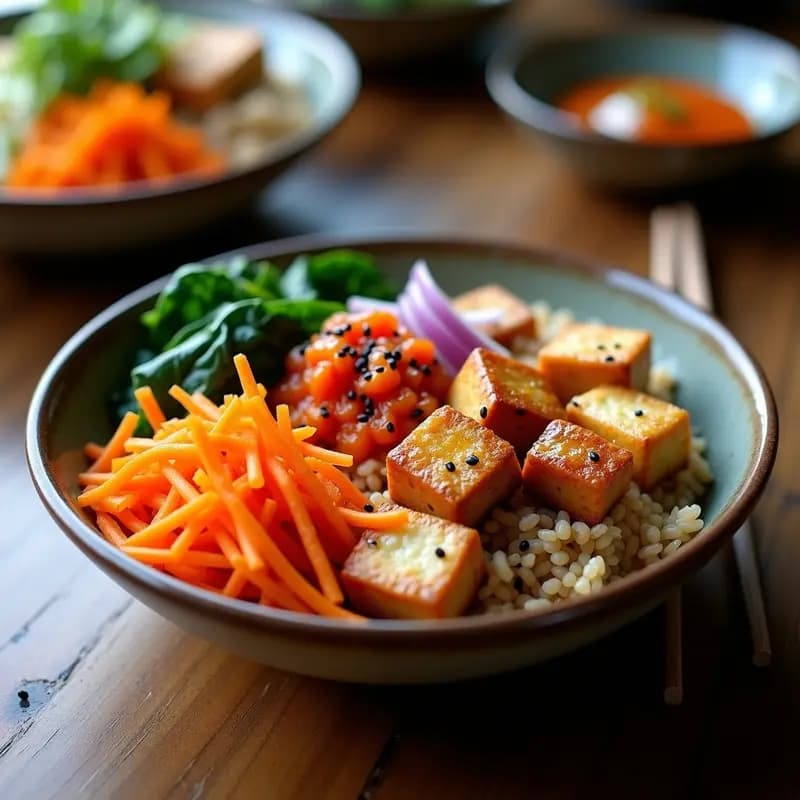 Bibimbap Coreano con Kimchi y Tofu: Receta Alta en Proteína en Olla Lenta