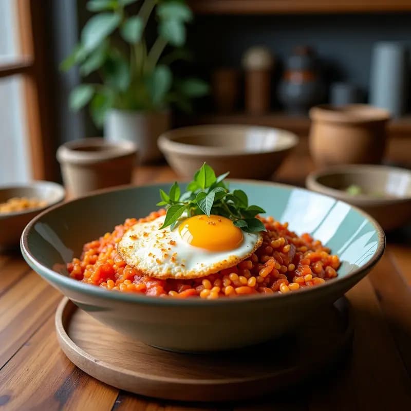 Bibimbap Coreano con Kimchi Vegano y Huevos de Lino: Receta en Bowl con Toque Picante