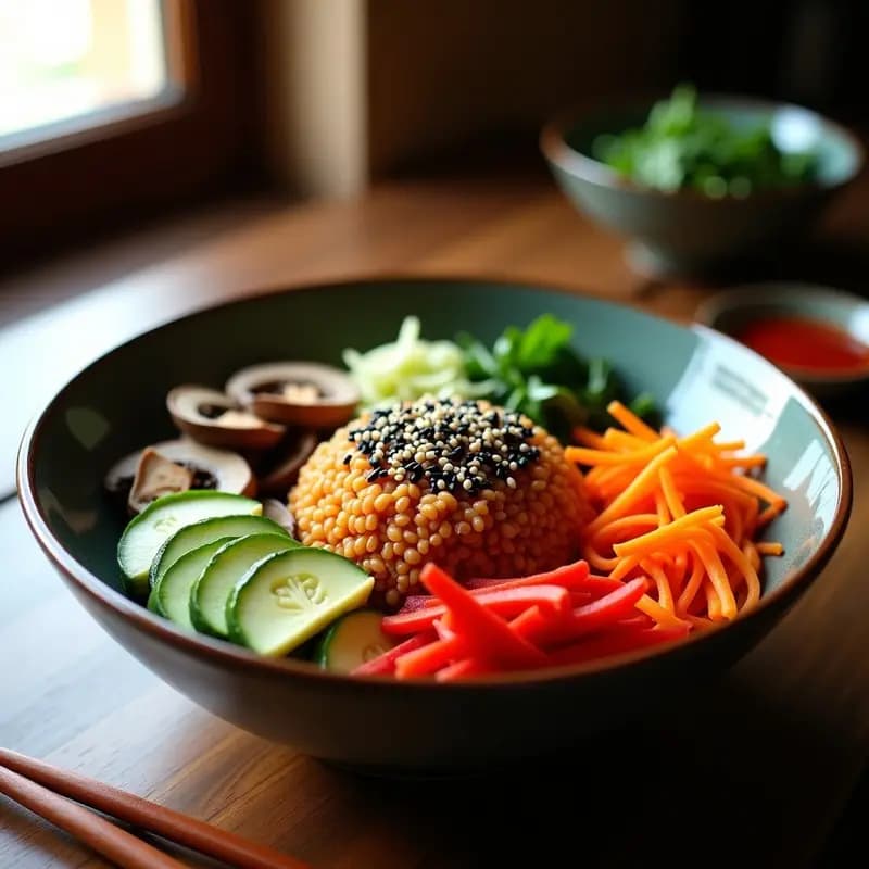 Bibimbap de Lentejas Rojas y Verduras: Receta Coreana Vegana y Sin Arroz