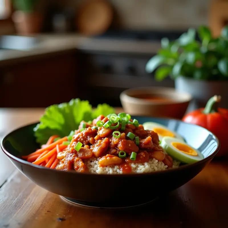 Bibimbap Coreano con Pollo Teriyaki: Receta en Airfryer con Vegetales Frescos y Huevo Frito