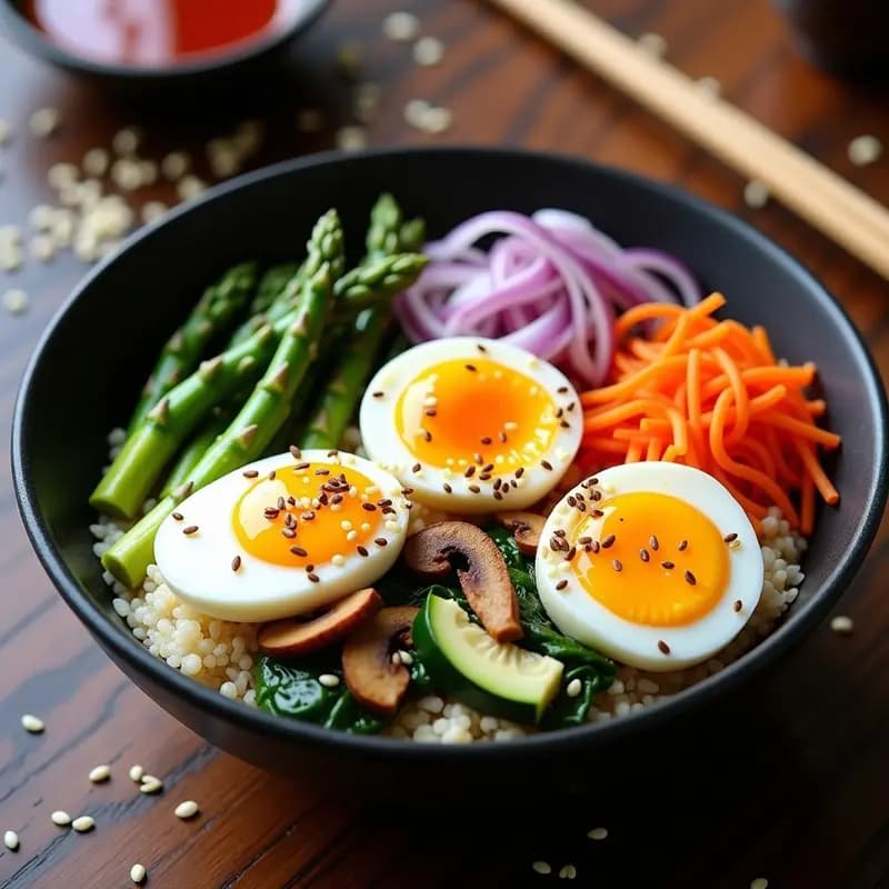 Bibimbap de Quinoa y Espárragos con Huevo de Codorniz: Receta Coreana Alta en Proteína
