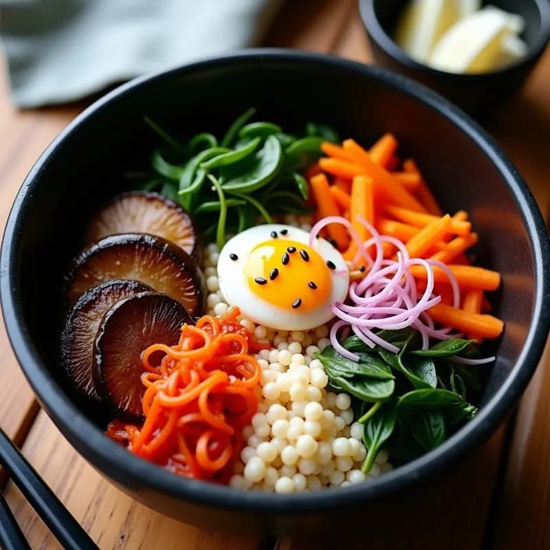 Bibimbap de Quinoa con Kimchi y Hongos Portobello: Receta Coreana Vegana y Keto