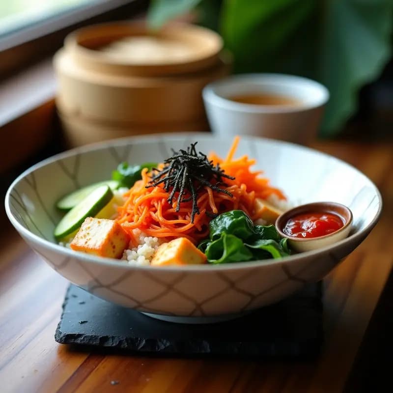 Bibimbap de Quinoa con Kimchi Vegano y Gochujang: Receta Coreana Sin Gluten en Bowl