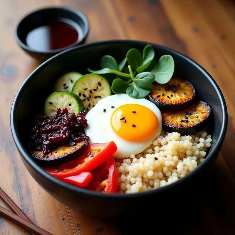 Bibimbap de Quinoa con Vegetales Asados y Huevo: Receta Coreana Sin Arroz y Alta en Fibra