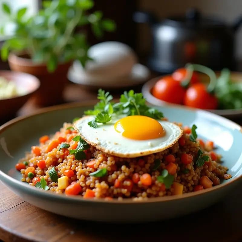 Bibimbap Corea de Quinoa y Vegetales: Receta Vegetariana con Huevo Frito
