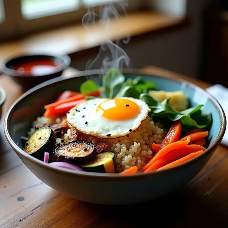 Bibimbap Coreano con Quinoa y Vegetales Asados: Versión Saludable del Clásico