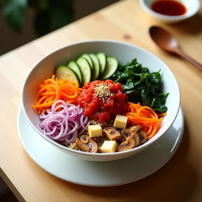 Bibimbap Coreano con Quinoa y Vegetales: Plato Único Vegano y Alta en Fibra