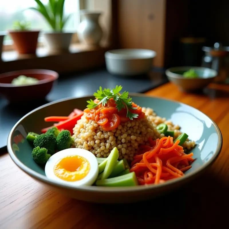 Bibimbap Coreano de Quinoa y Verduras Fermentadas: Receta Vegana con Kimchi Casero