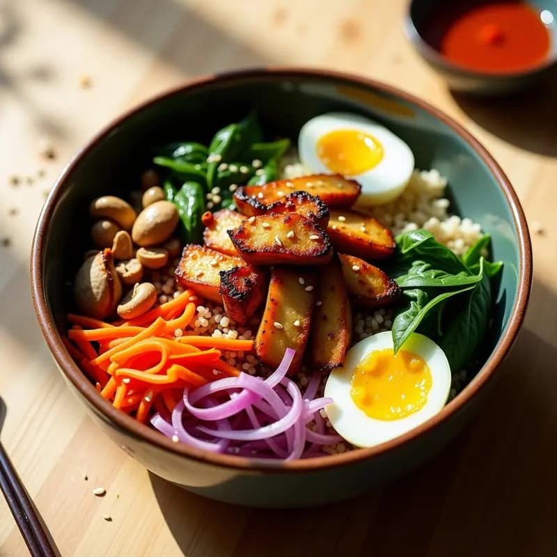 Bibimbap Coreano con Tempeh y Vegetales: Receta Vegana en Bowl y Colorida