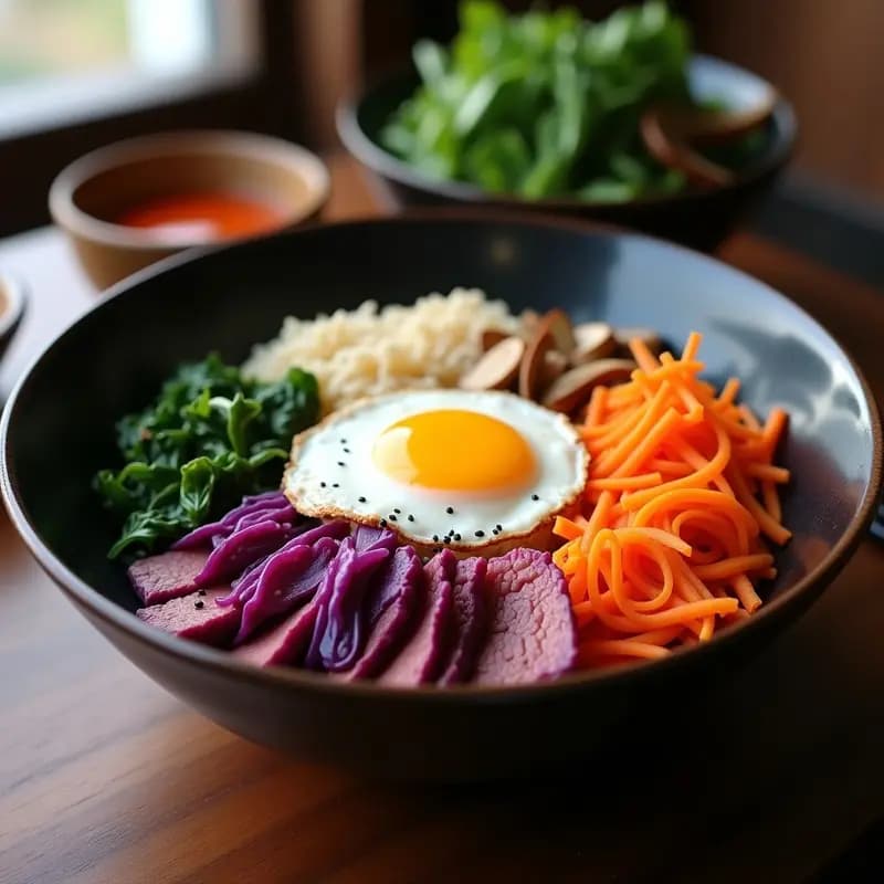 Bibimbap coreano con ternera y vegetales fermentados: Plato único balanceado y colorido