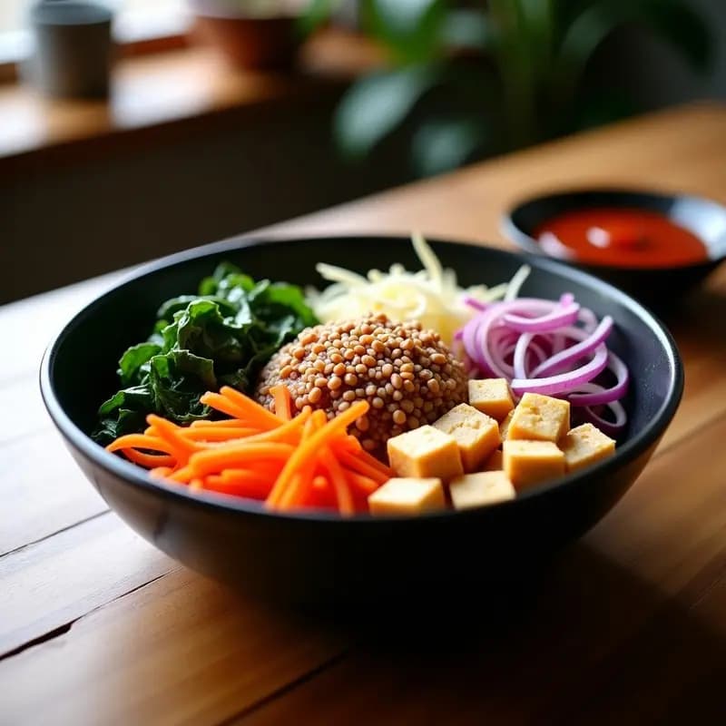 Bibimbap Coreano de Tofu y Espinacas: Receta en Bowl con Salsa Gochujang Sin Gluten