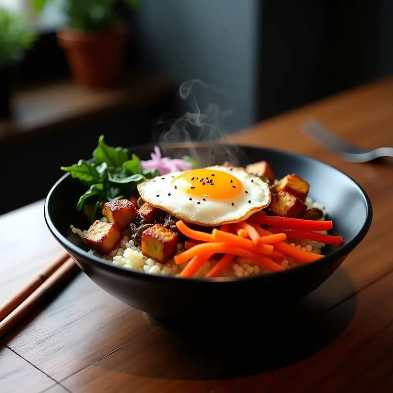 Bibimbap Coreano con Tofu Marinado: Receta en Bowl Sin Carnes y Keto