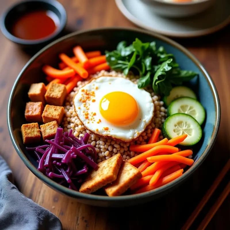 Bibimbap de Tofu y Kimchi de Col Rizada: Receta Coreana Vegana y Alta en Proteína