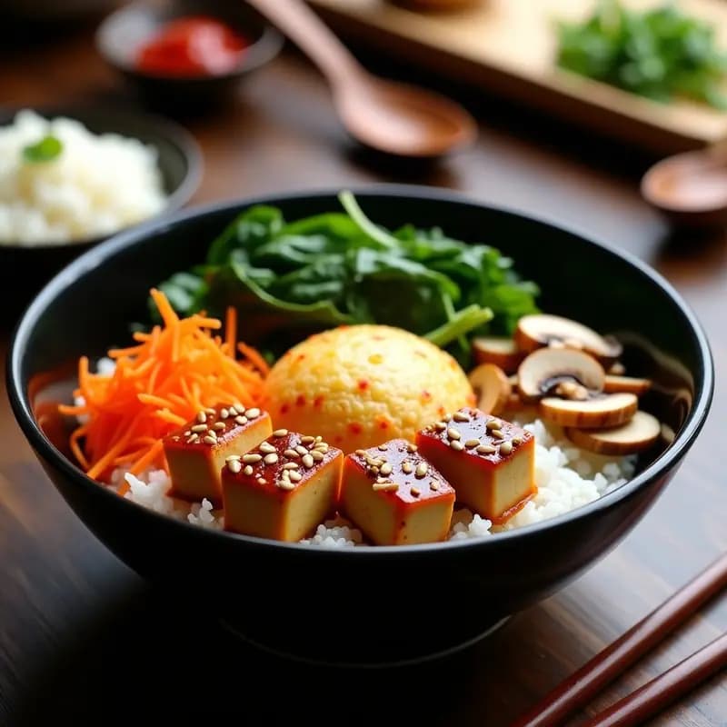 Bibimbap Coreano con Tofu y Kimchi: Receta en Sartén con Sabor Umami