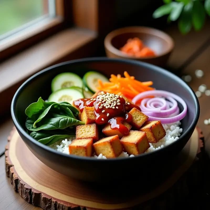 Bibimbap Coreano con Tofu Crujiente: Receta en Olla Arrocería con Vegetales de Temporada