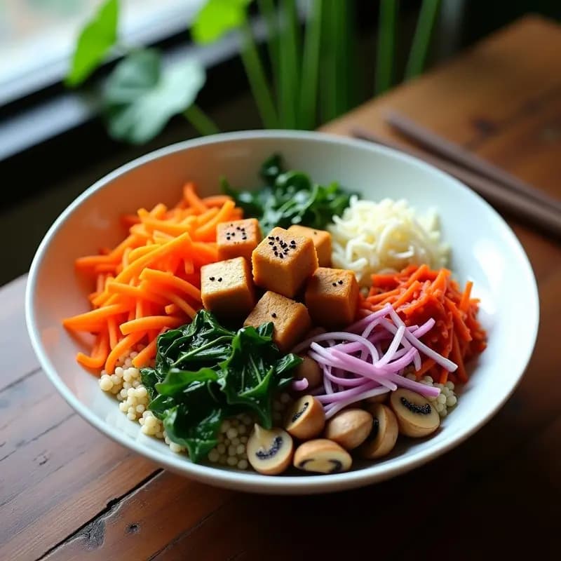 Bibimbap con Tofu Marinado: Receta Coreana Vegana y Colorida en Bowl