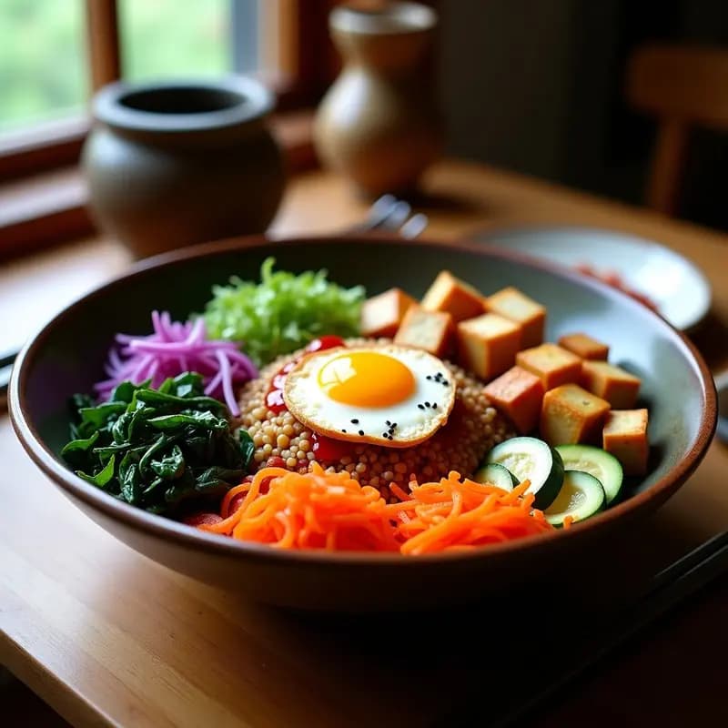 Bibimbap Coreano con Tofu y Vegetales Fermentados: Receta Equilibrada y Colorida