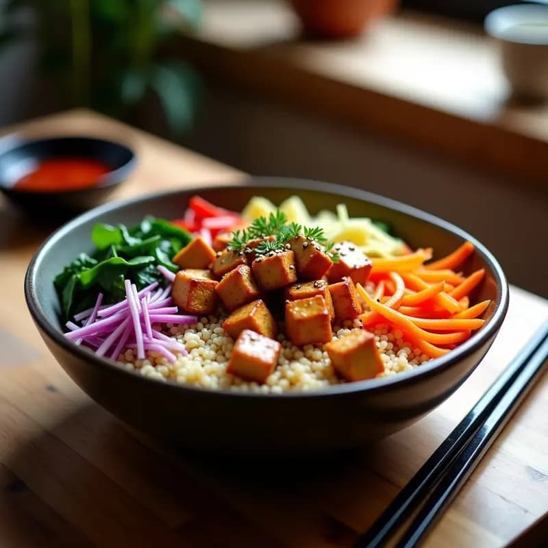 Bibimbap Coreano con Tofu y Verduras Salteadas: Receta Colorida y Sin Gluten