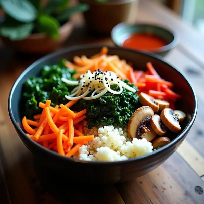 Bibimbap Coreano con Espinacas y Zanahoria: Receta Vegana en Bowl con Gochujang Casero