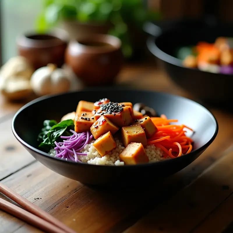 Bibimbap Vegano con Tofu y Gochujang: Receta Coreana en Sartén de Hierro