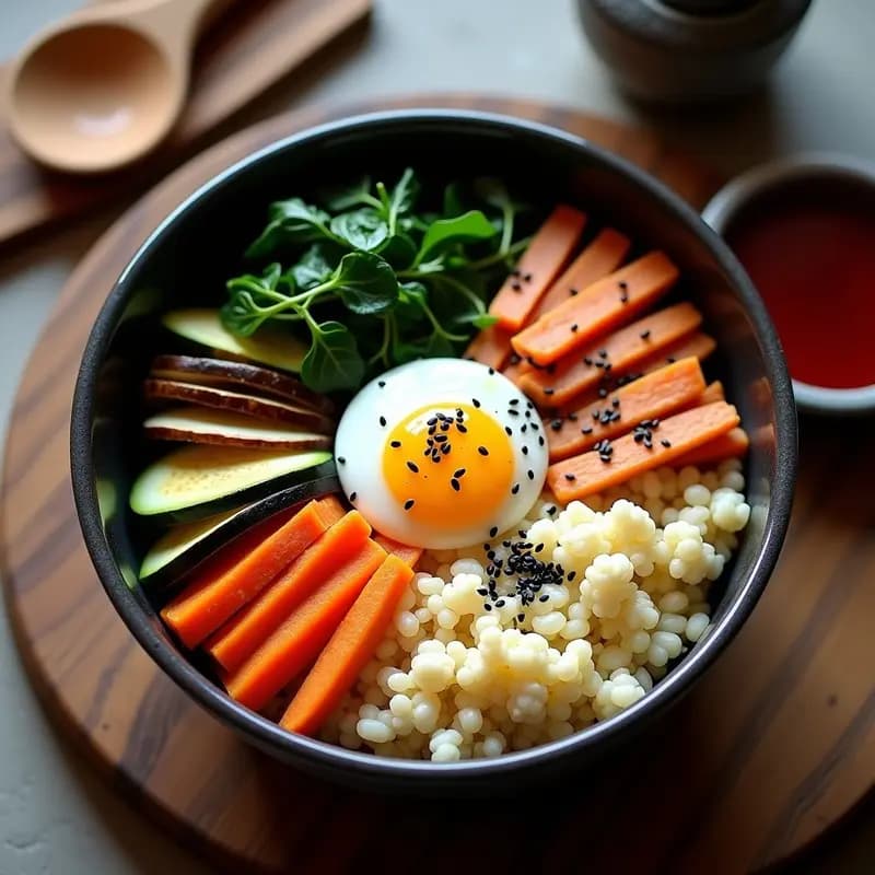 Bibimbap Coreano con Verduras Asadas y Huevo Marinado: Receta Vegana y Colorida