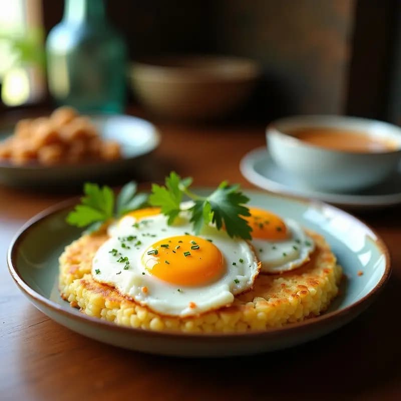 Bibingka Filipina de Arroz Glutinoso y Coco con Huevo Saltado: Desayuno Dulce-Salado