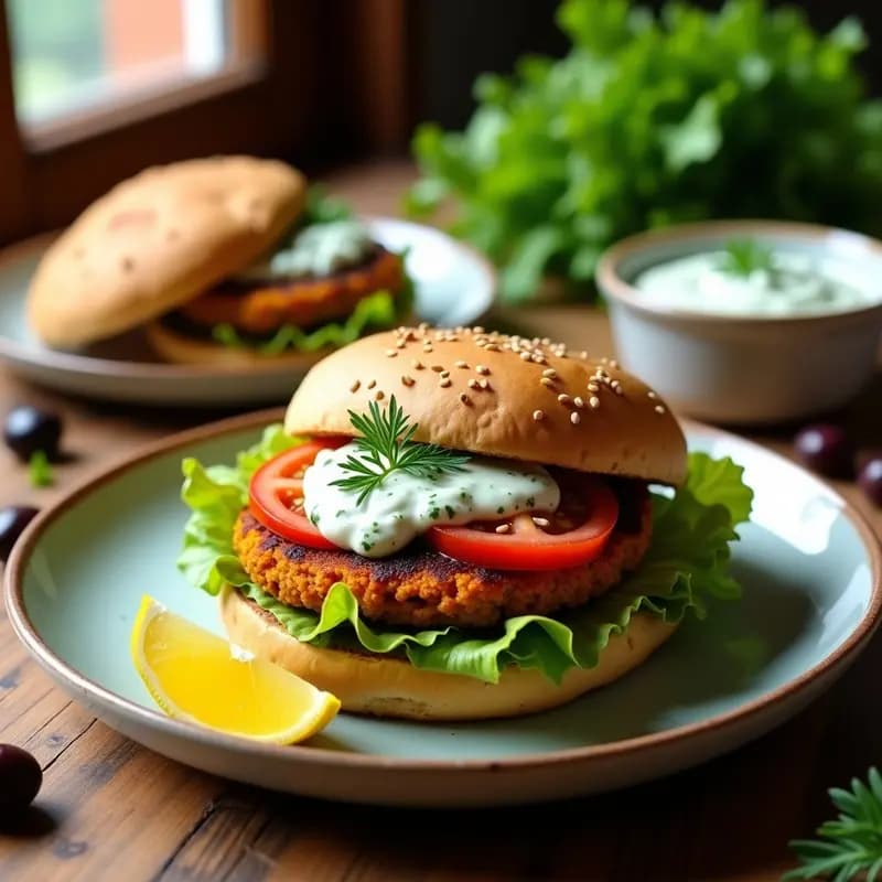 Bifteki Griego de Lentejas con Salsa Tzatziki Vegana: Hamburguesa Mediterránea Sin Harina