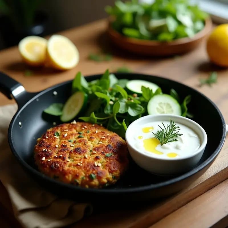 Bifteki Griego con Yogur y Pepino: Hamburguesa de Lentejas en Sartén y Keto
