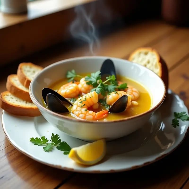 Bígo de Mariscos y Limón: Sopa Portuguesa con Pan Tostado en 25 Minutos
