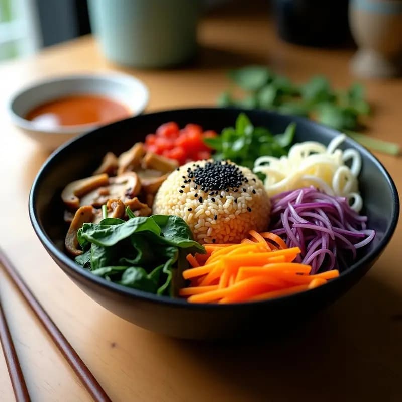Bimbimbap Coreano con Arroz Integral y Vegetales: Plato Único Vegano y Sin Gluten
