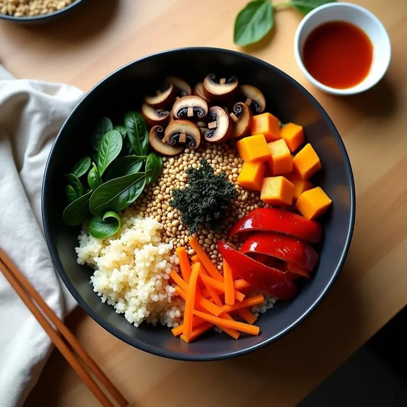 Bimbimbap Coreano de Quinoa y Vegetales Asados: Bowl Vegano y Nutritivo