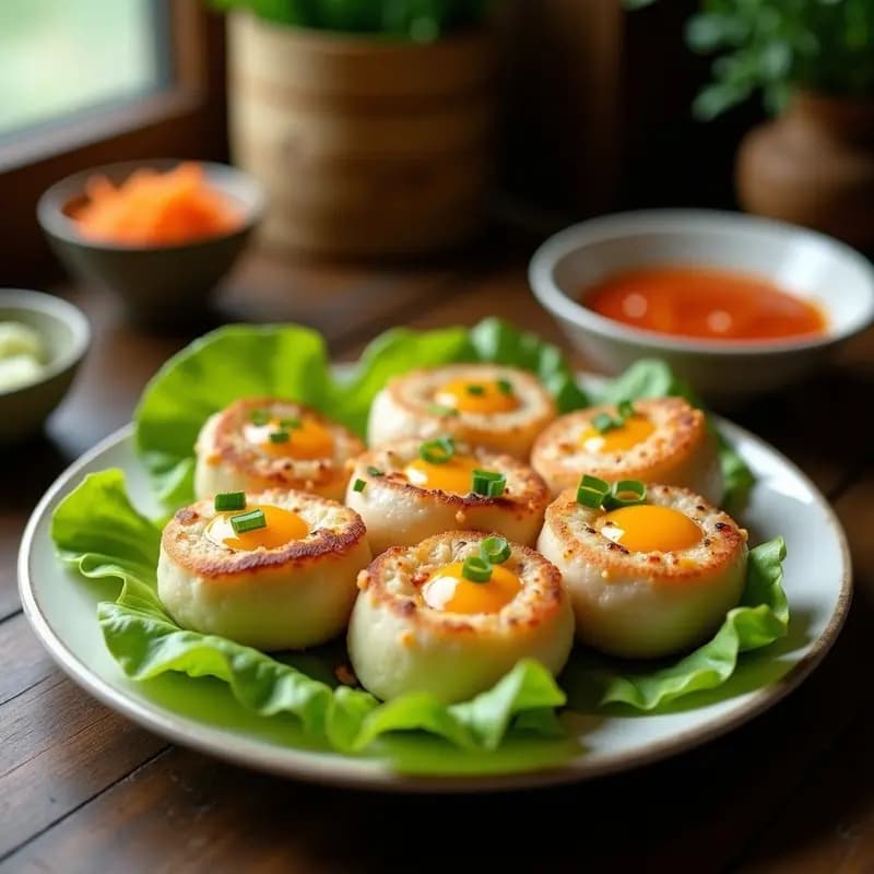 Binh Danh de Cerdo y Huevo: Receta Vietnamita de Pastel de Arroz al Vapor con Salsa Nuoc Cham