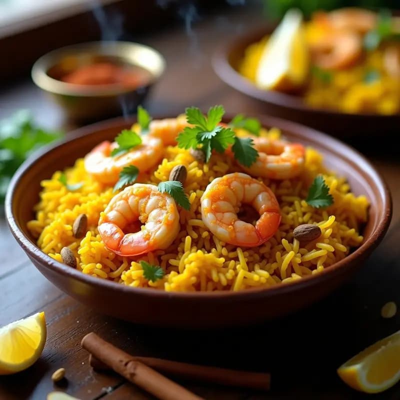 Biriyani de Camarones y Cúrcuma: Receta India en Olla Rápida con Aroma a Especias Exóticas