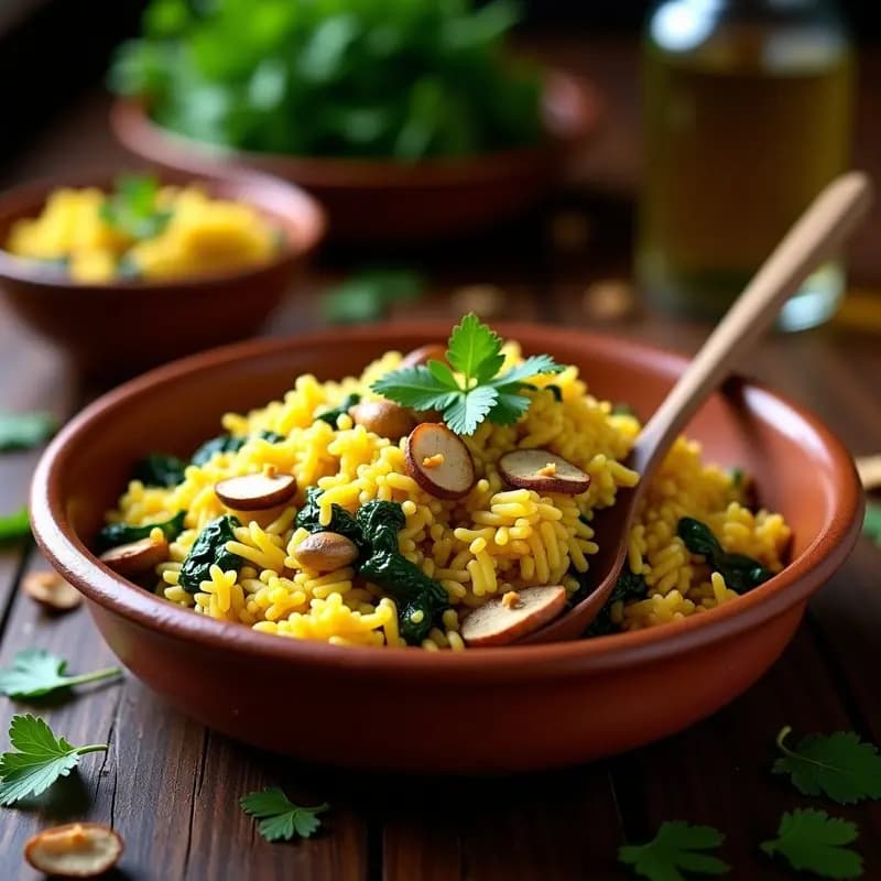 Biryani de Champiñones y Espinacas con Arroz Basmati: Receta India Vegana y Aromática