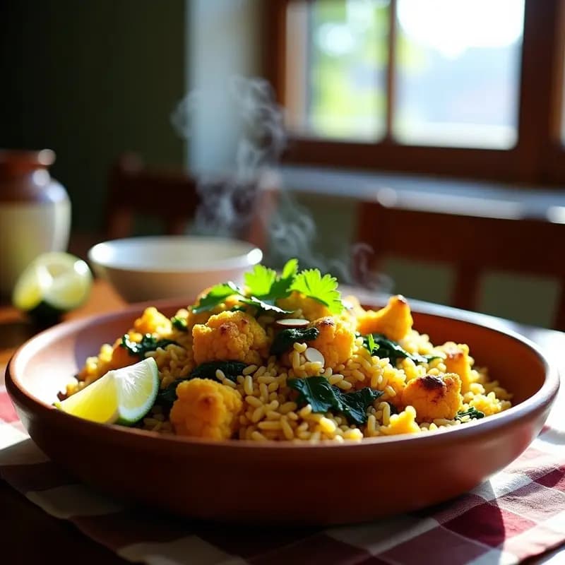 Biryani de Coliflor y Espinacas: Receta India Vegana en Olla Lenta con Especias Auténticas