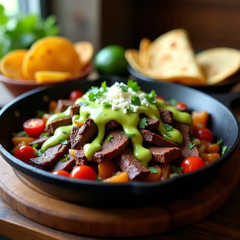 Bistec a la Mexicana con Rajas y Crema de Aguacate: Receta de Comida Callejera en Sartén