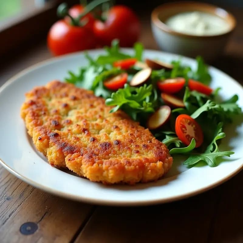 Bistec a la Milanesa: Filete Empanizado Italiano con Ensalada de Rúcula