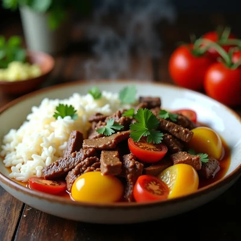 Bistec Saltado Peruano con Arroz Blanco y Papa Amarilla: Receta Tradicional en Wok
