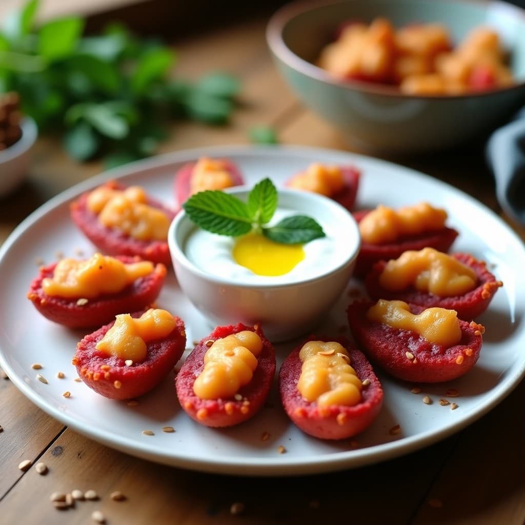 Bitzakos de Garbanzo y Remolacha: Aperitivo Crujiente en Airfryer con Dip de Yogur de Soja y Menta